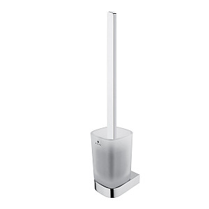 WC štětka s držákem na zeď nízká nádoba matné sklo, hranatá rukojeť, chrom