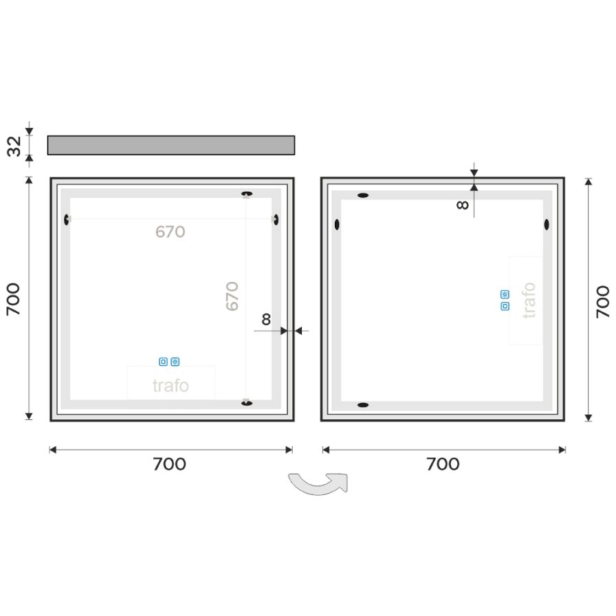 LED zrcadlo 70 x 70, dotykový senzor