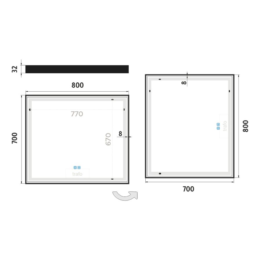 Černé LED zrcadlo 80 x 70, dotykový senzor