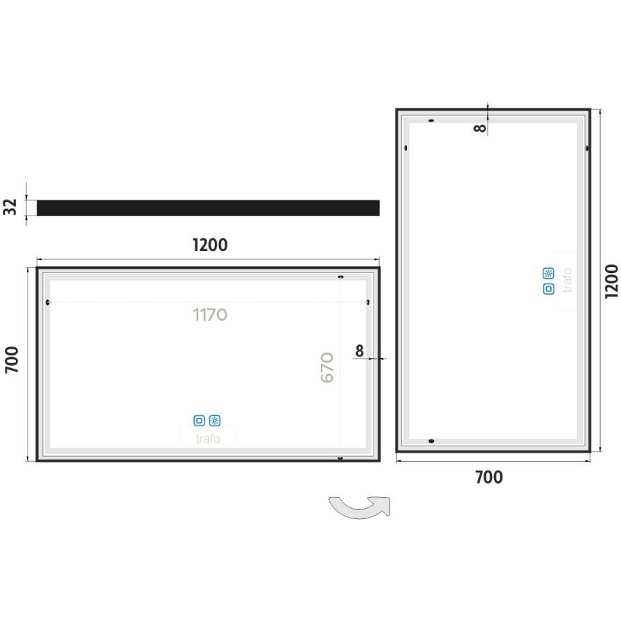 Black LED mirror 120 x 70, touch sensor