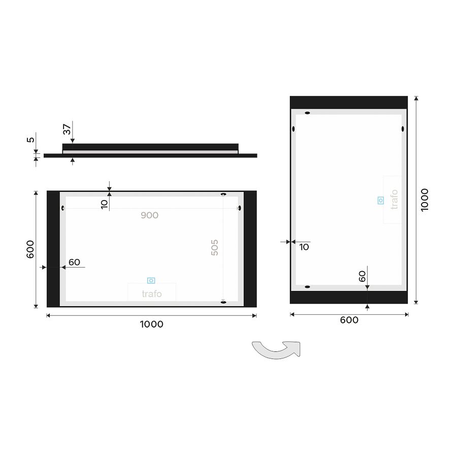 Black LED mirror 100 x 60, touch sensor